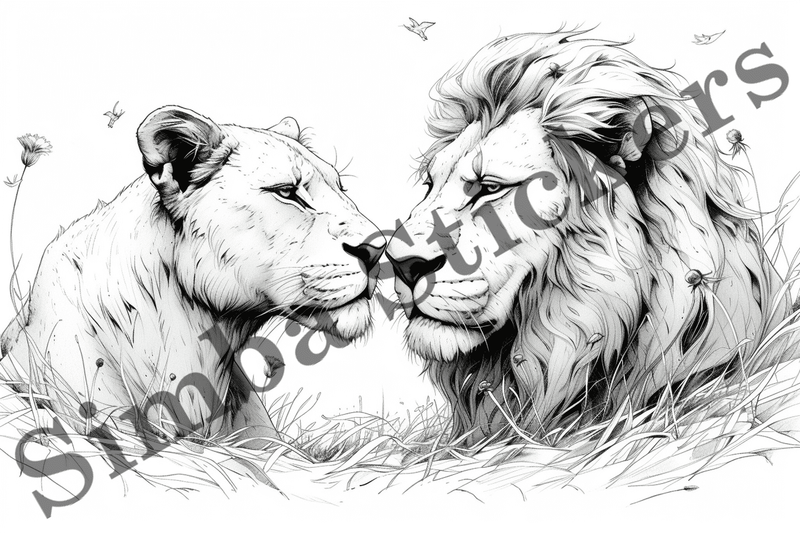 Colouring pages, Bundle of lions in love, 10 images