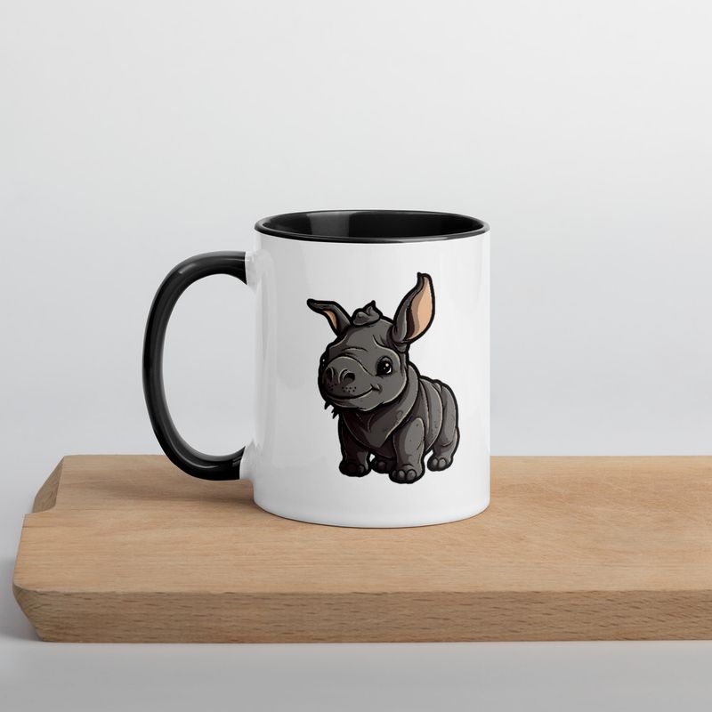White Ceramic Mug with Color Inside, 11oz &amp; 15oz, Black rhino calf looking cute 