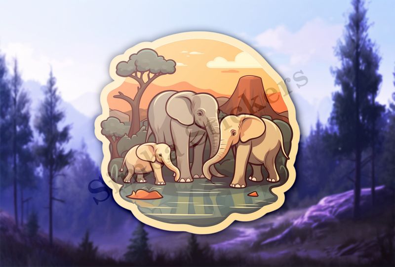 African elephant family at a pond in the Savanna