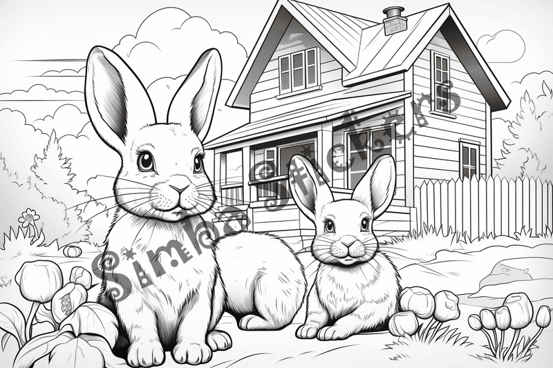 Colouring pages, bundle of rabbits in leaves or flowers, 10 images