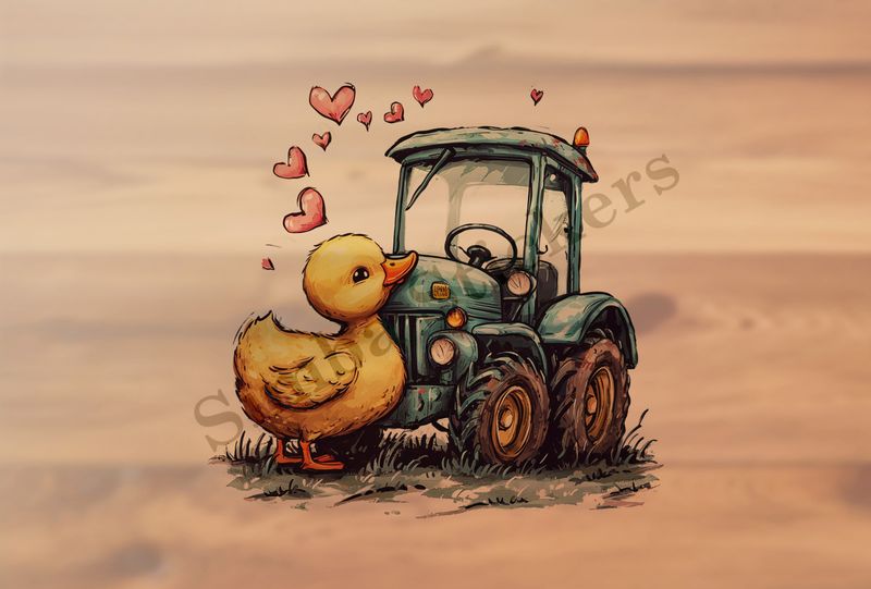 Duckling kissing hood of farmer&#x27;s tractor
