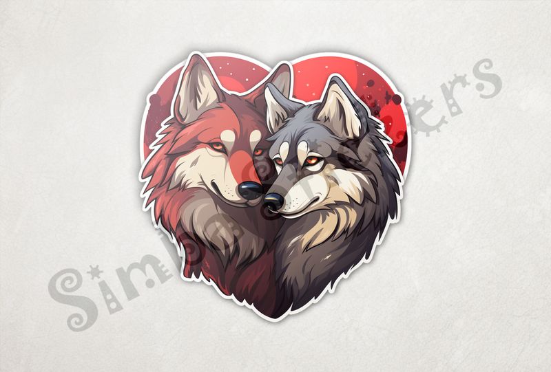 Wolves nose-to-nose, cuddling, in red heart shape