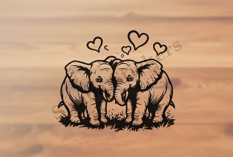 Child elephants in love, romantic hearts, outline art