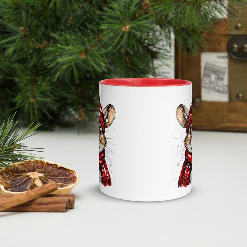 White Ceramic Mug with Color Inside, 11&amp;15oz, Mouse wearing red winter hat and scarf in snow, xg8dl3