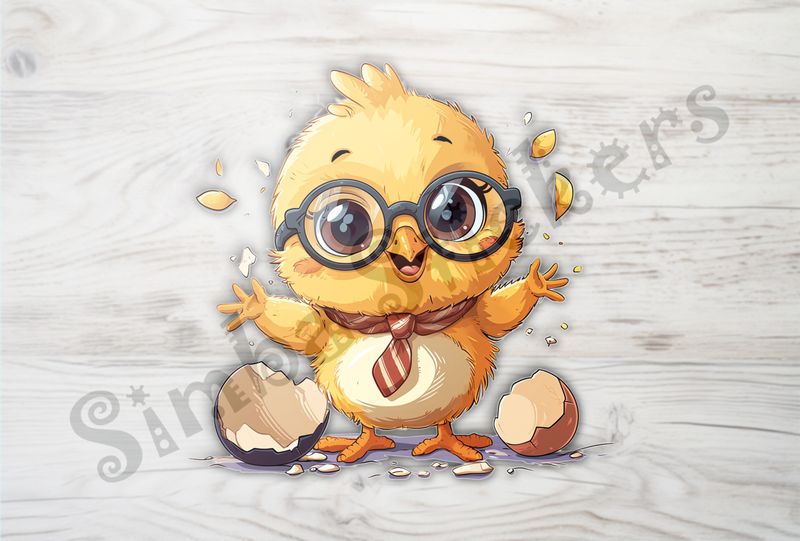 Chick in glasses and necktie arms outstreched next to eggshells