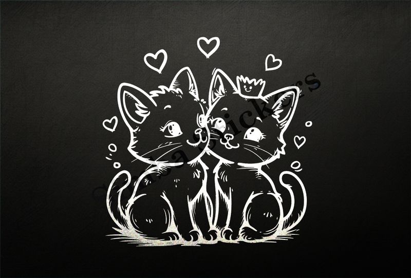 Cat kittens, one with crown, cheek-to-cheek, romantic, outline art