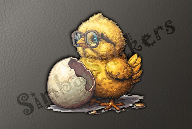Chick in glasses standing next to mostly intact egg
