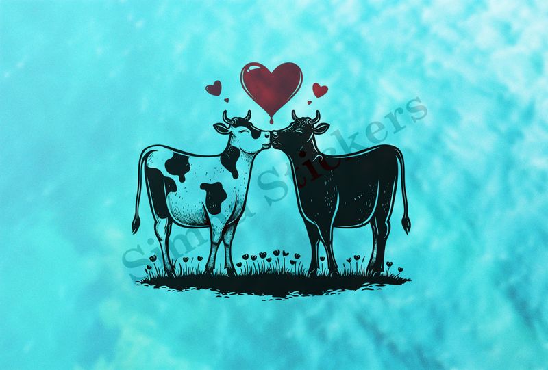 Cattle, bull and cow in love, hearts in picture, outline art