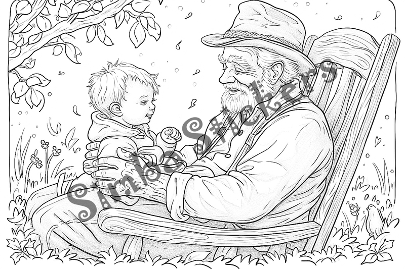 Colouring pages, bundle of people, grandfather with child, 10 images