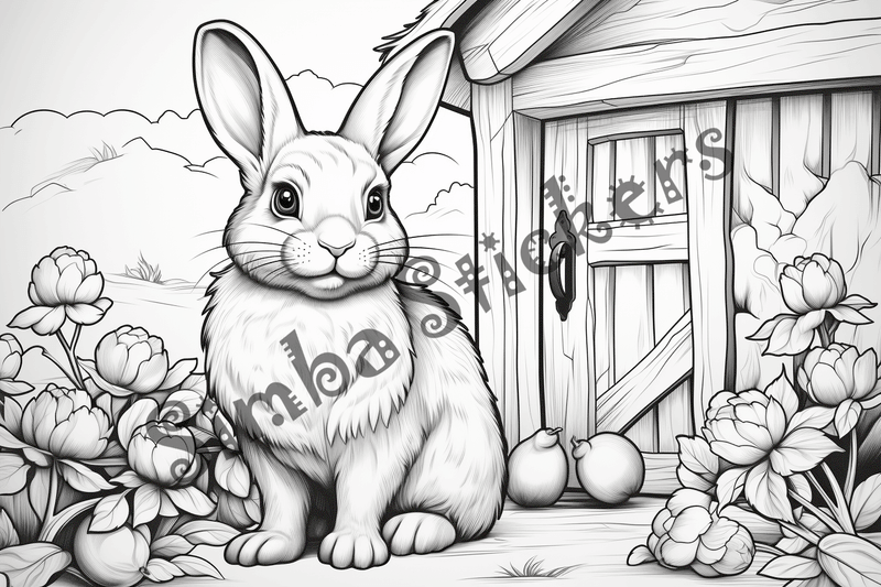 Colouring pages, bundle of rabbits in leaves or flowers, 10 images
