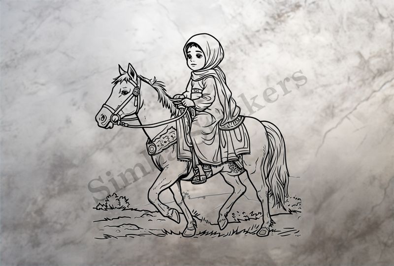 Horse being petted by a small veiled Mediterranean girl, outline art