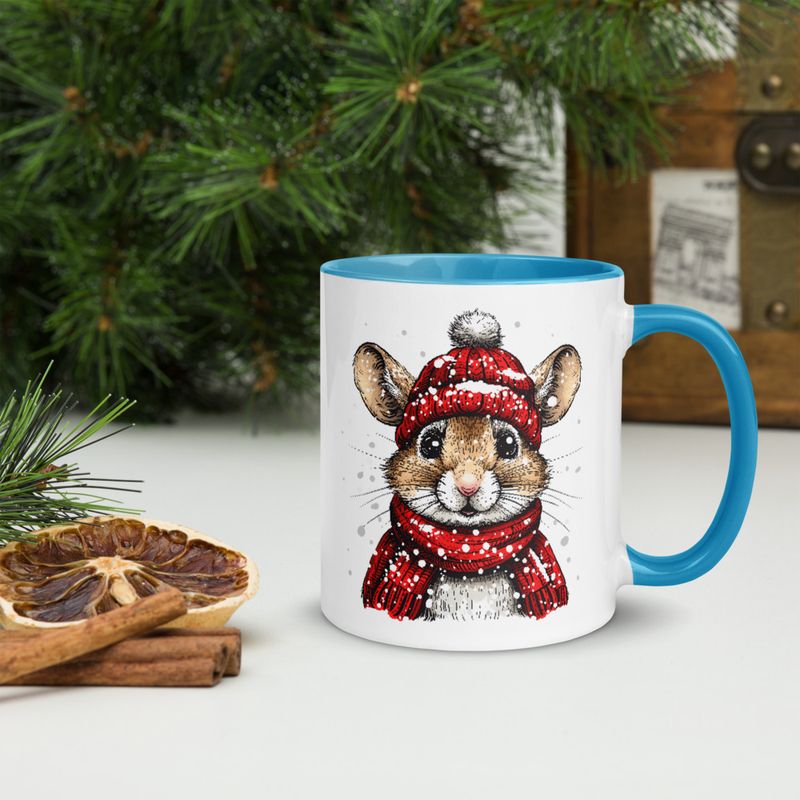 White Ceramic Mug with Color Inside, 11&amp;15oz, Mouse wearing red winter hat and scarf in snow, xg8dl3