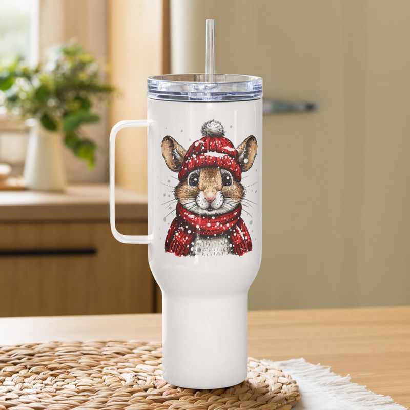 Travel Mug, Cattle, Mouse wearing red winter hat and scarf in the snow, xg8dl3