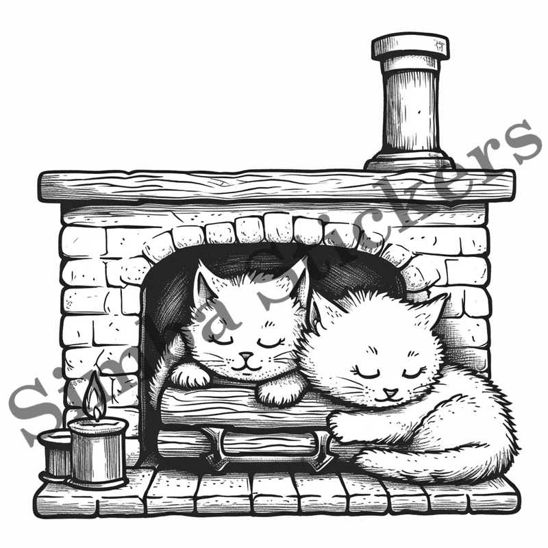Cats by fireplace, outline art, image set, 10 images