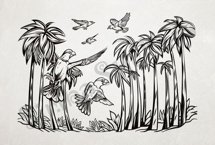 Equatorial Rainforest landscape, birds flapping, outline art