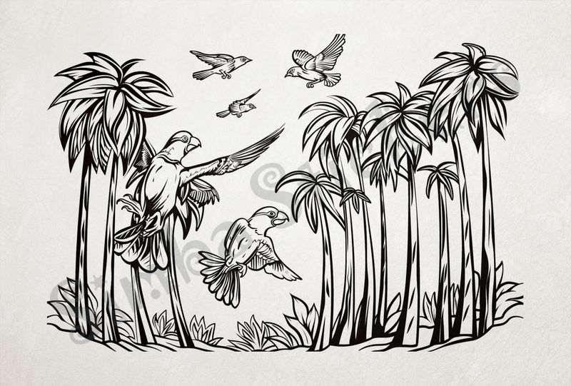 Equatorial Rainforest landscape, birds flapping, outline art