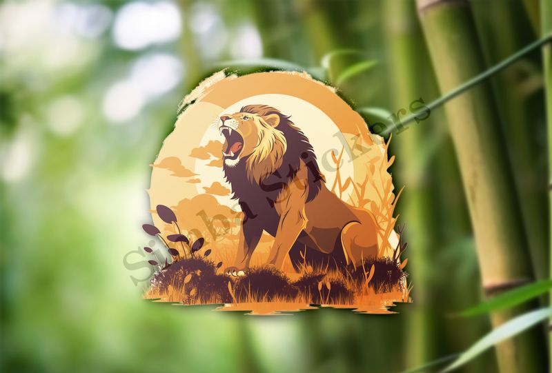 Male lion roaring at sunrise