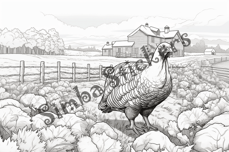 Colouring pages, bundle of turkeys on a farm, 25 images