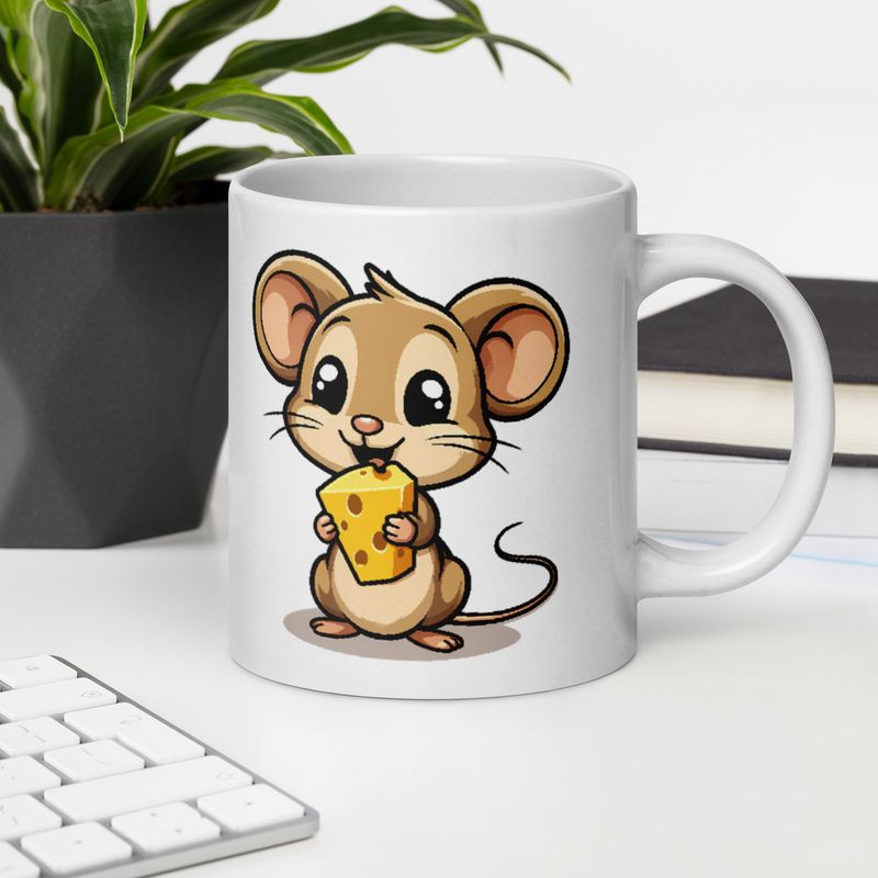 White Glossy Mug, 20oz, Small Mouse happily licking large chunk of cheese, pqapy6