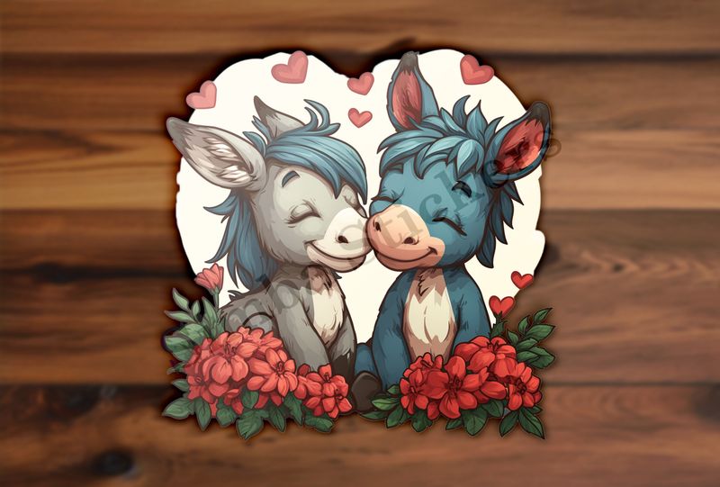 Small donkeys in love, flowers all around