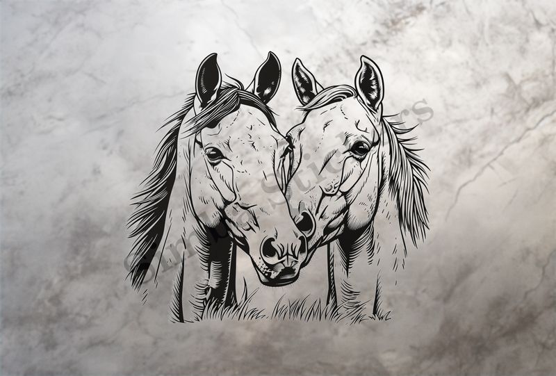Horses nose-to-nose, black and white, bust outline art