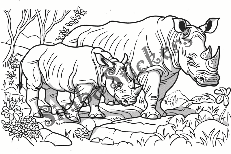 Colouring pages, bundle of rhinos, 10 images 2