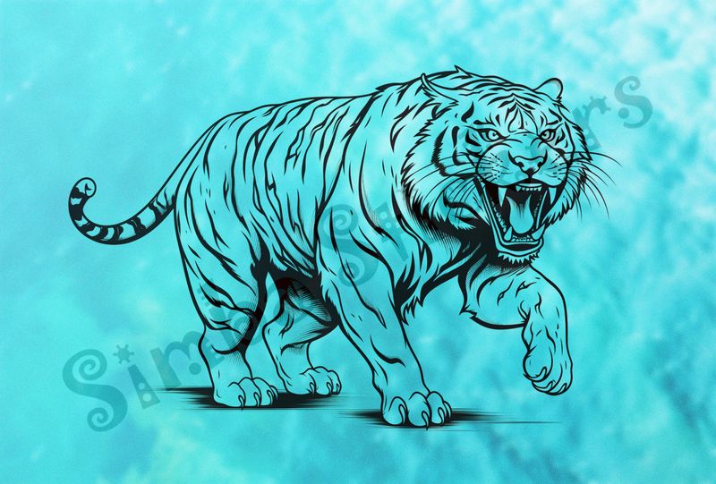 Tiger snarling and looking fierce, outline art
