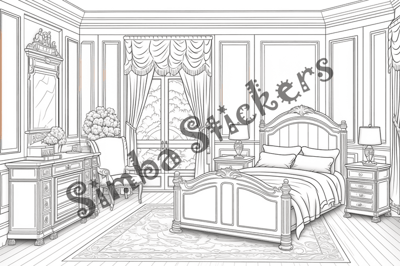 Colouring pages, bundle of house bedrooms, 25 images