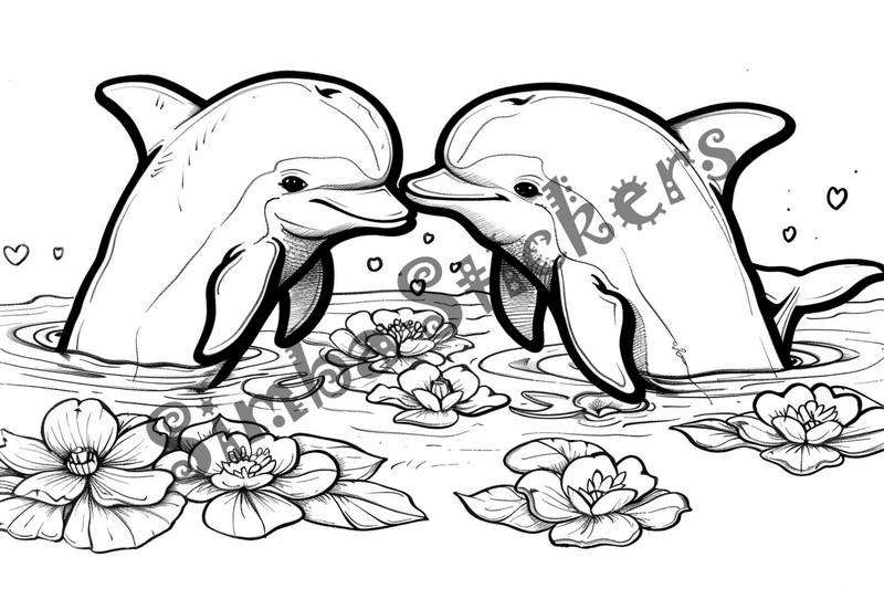 Colouring pages, bundle of dolphins in love, 10 images