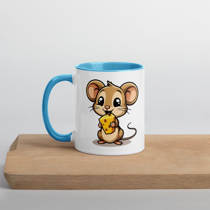 White Ceramic Mug with Color Inside,11&amp;15oz,Small Mouse happily licking large chunk of cheese,pqapy6