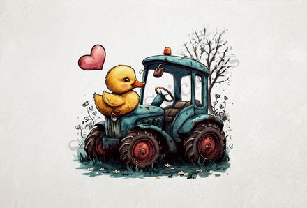 Duckling in love with farmer&#x27;s tractor