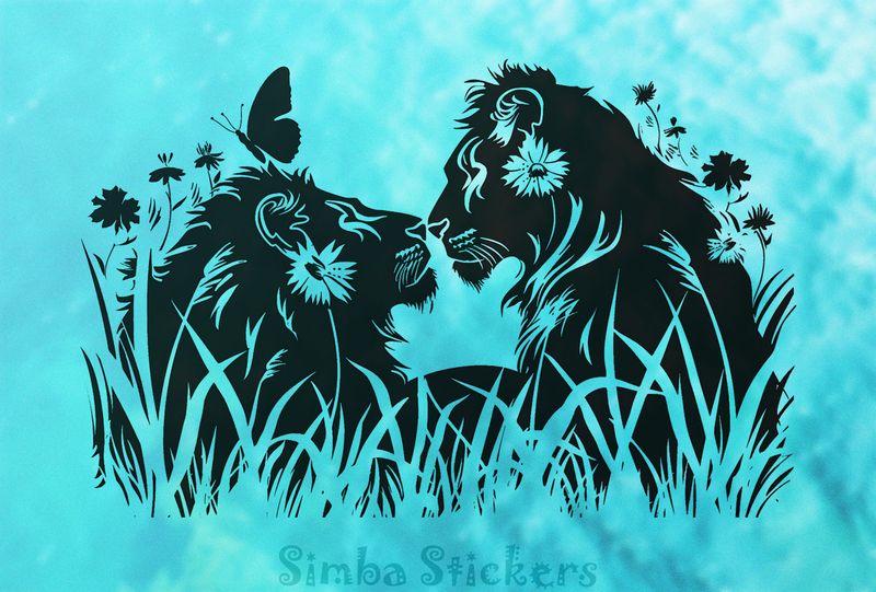 Male lion nose-to-nose with lioness, outline art, 1osfyq