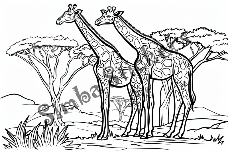 Colouring pages, bundle of giraffes towering above trees and shrubs, 10 images