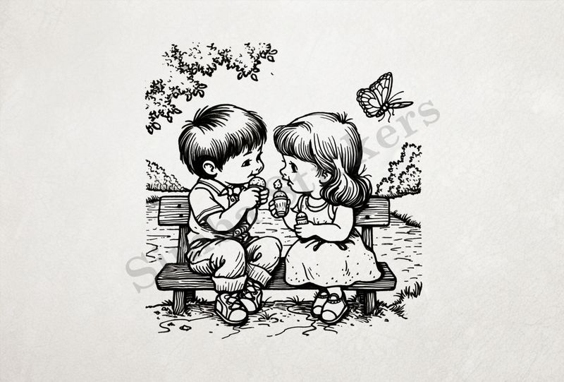 Boy and girl eating ice cream on a park bench by a pond, outline art