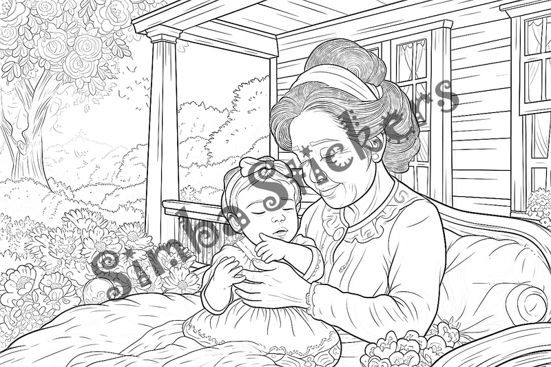 Colouring pages, bundle of people, grandmother with child, 10 images