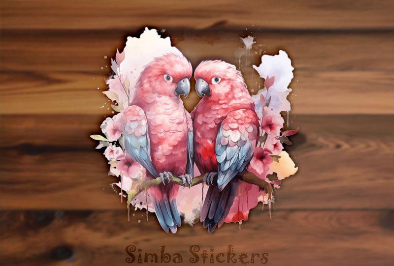 Reddish parrots perching in pinkish background, watercolour, kzebwr