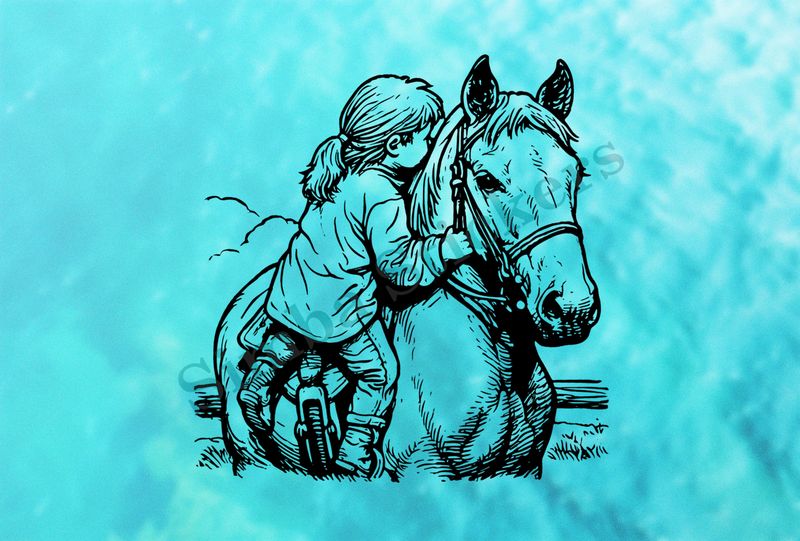Horse climbed onto by young girl, outline art