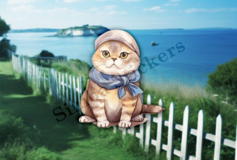 Scottish Fold cat with scarf, watercolour