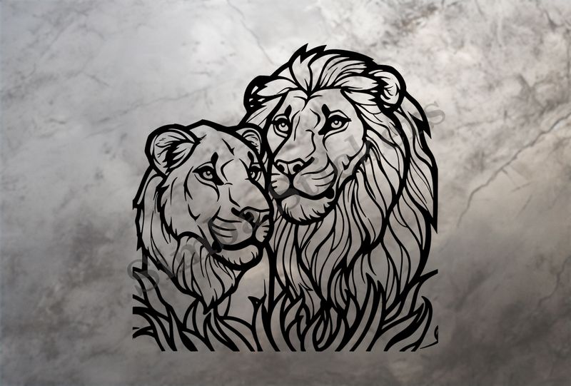 Lion with lioness, romantic, outline art