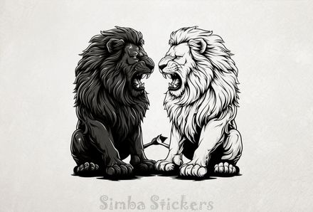 Two Lions roaring at each other while sitting, outline art, blyljo