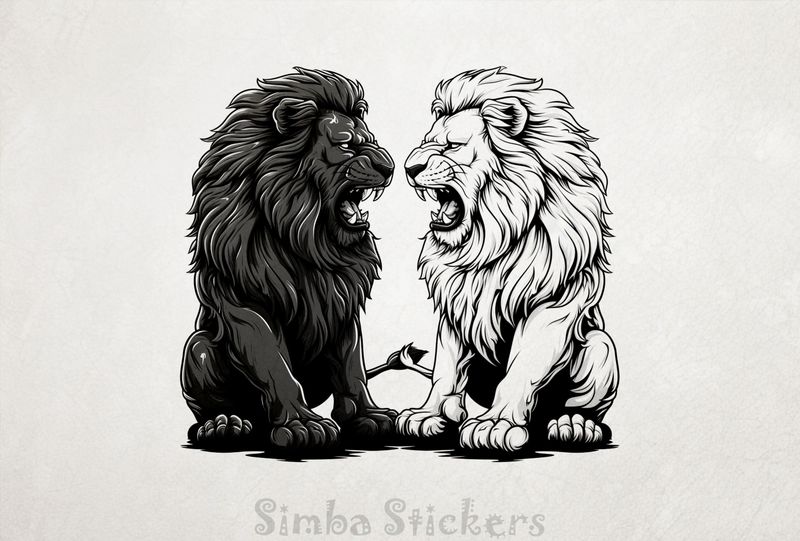 Two Lions roaring at each other while sitting, outline art, blyljo