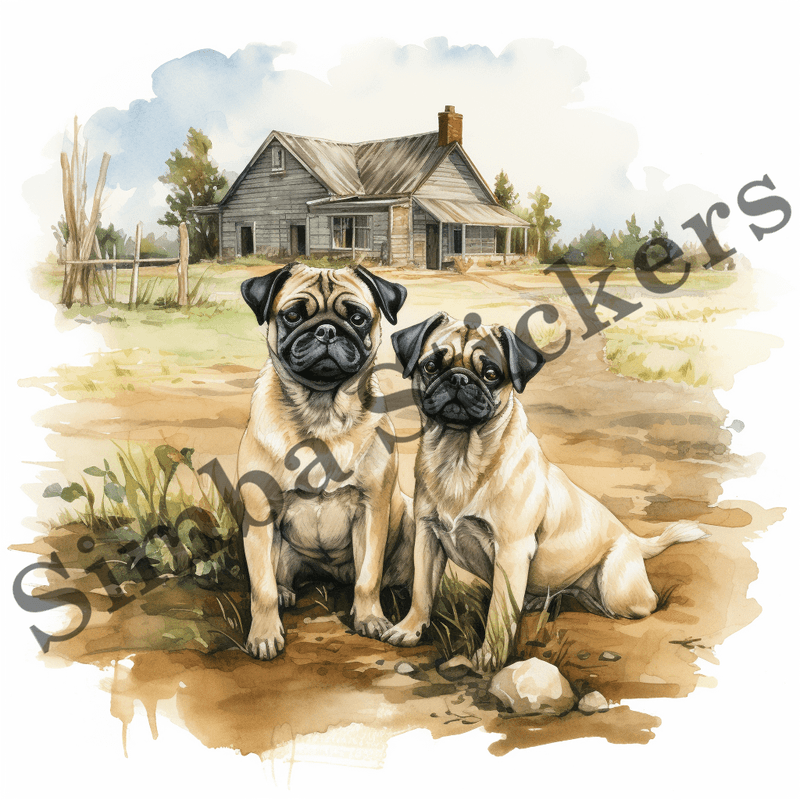 Pug dogs outdoors, image set, 10 images
