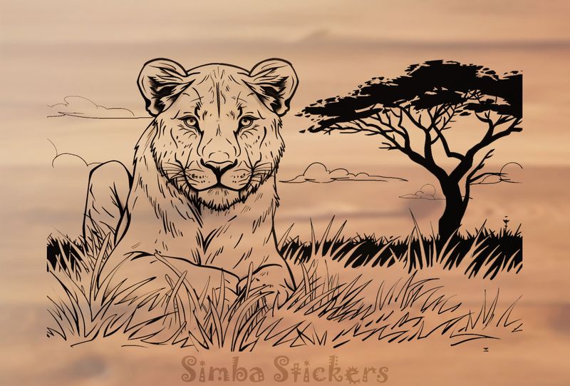Lioness lying on the grass, outline art, gmh1h3