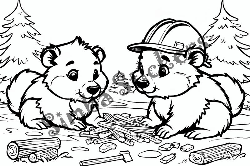 Colouring pages, bundle of beavers building in hard hat, 10 images