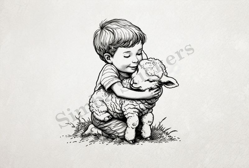 Sheep lamb hugged by a small boy , outline art