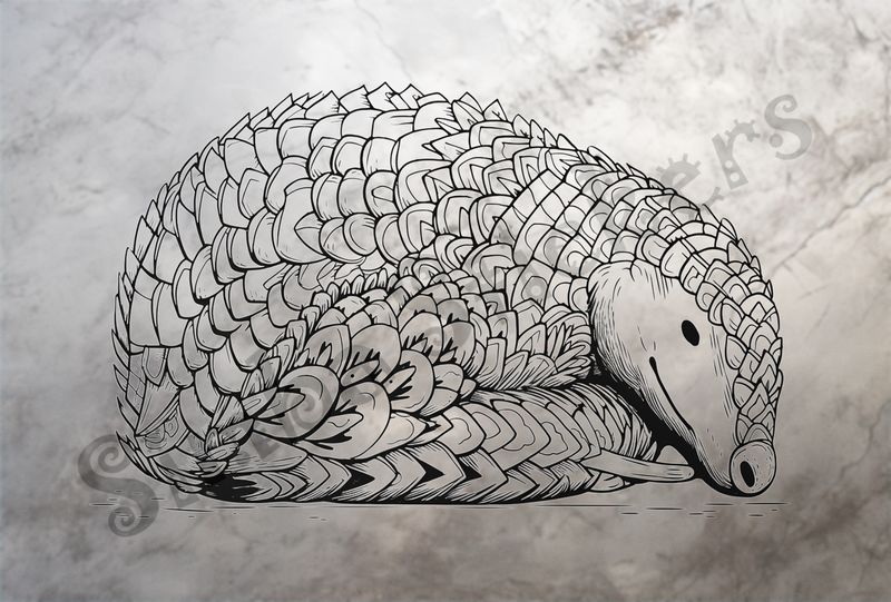 Pangolin sleeping, eyes open, outline art