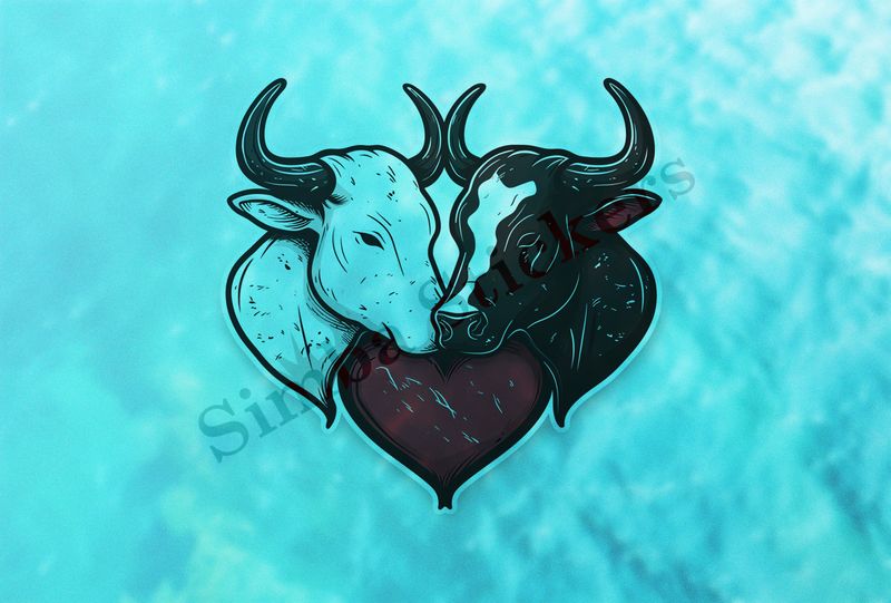 Bull and cow, romantic, with large heart,  outline art