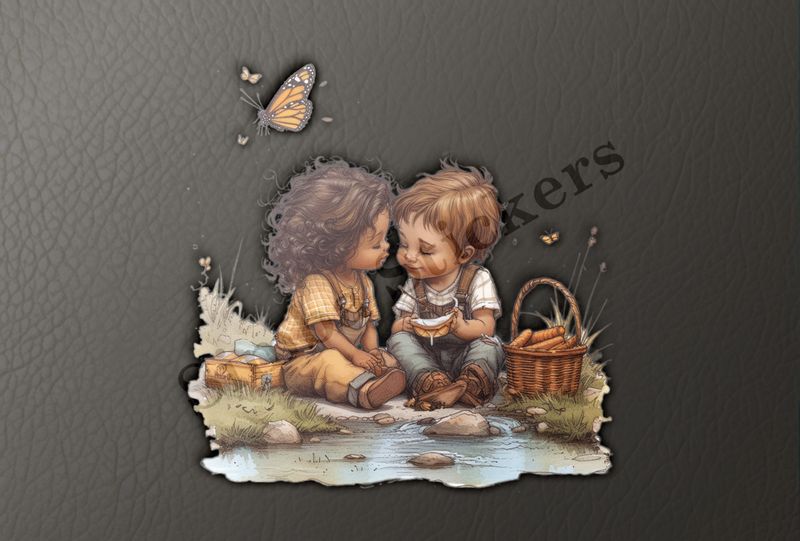Boy and girl with a picnic basket by a pond, watercolour