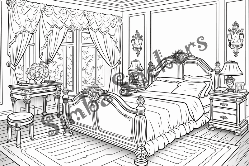 Colouring pages, bundle of house bedrooms, complex, 10 images