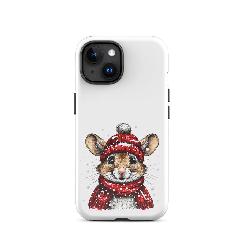 Tough Case for iPhone, Mouse wearing red winter hat and scarf in the snow, xg8dl3
